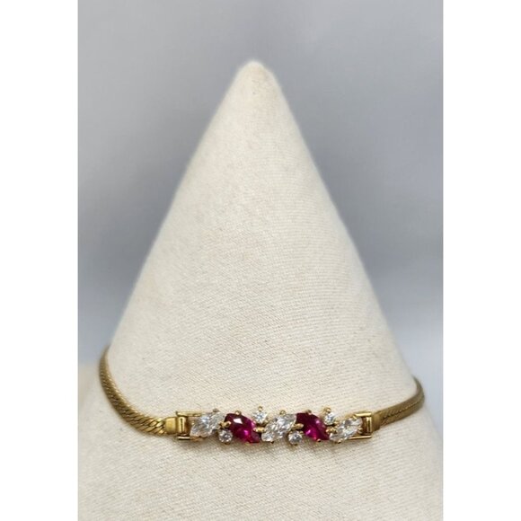 Gold Plated Herringbone Chain Bracelet - Synthetic Ruby & Crystal Accents - Picture 3 of 4